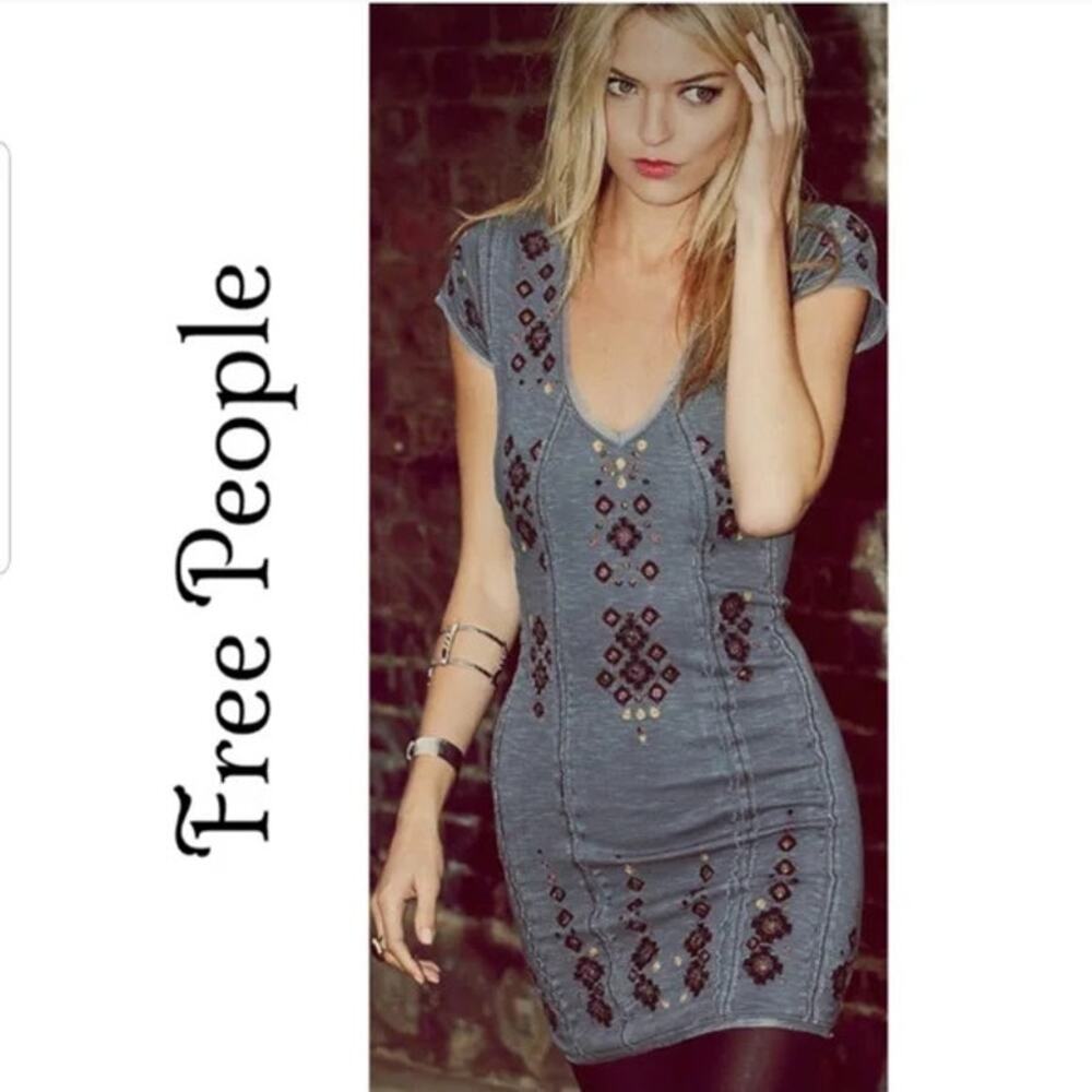 Free People Rich in Embroidery Mini Dress/ Gray, Sequins, Mesh Trim, New, Sz S